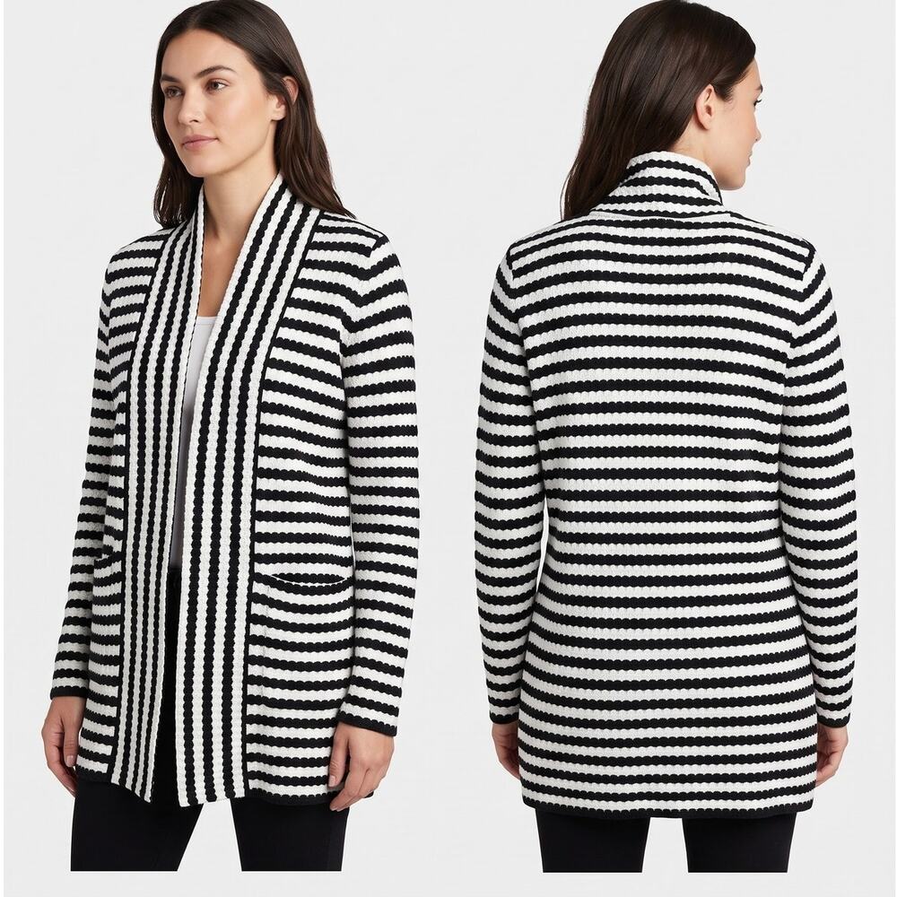 Belle by Kim Gravel Medium Open Front Black White Stripe Cardigan Sweater